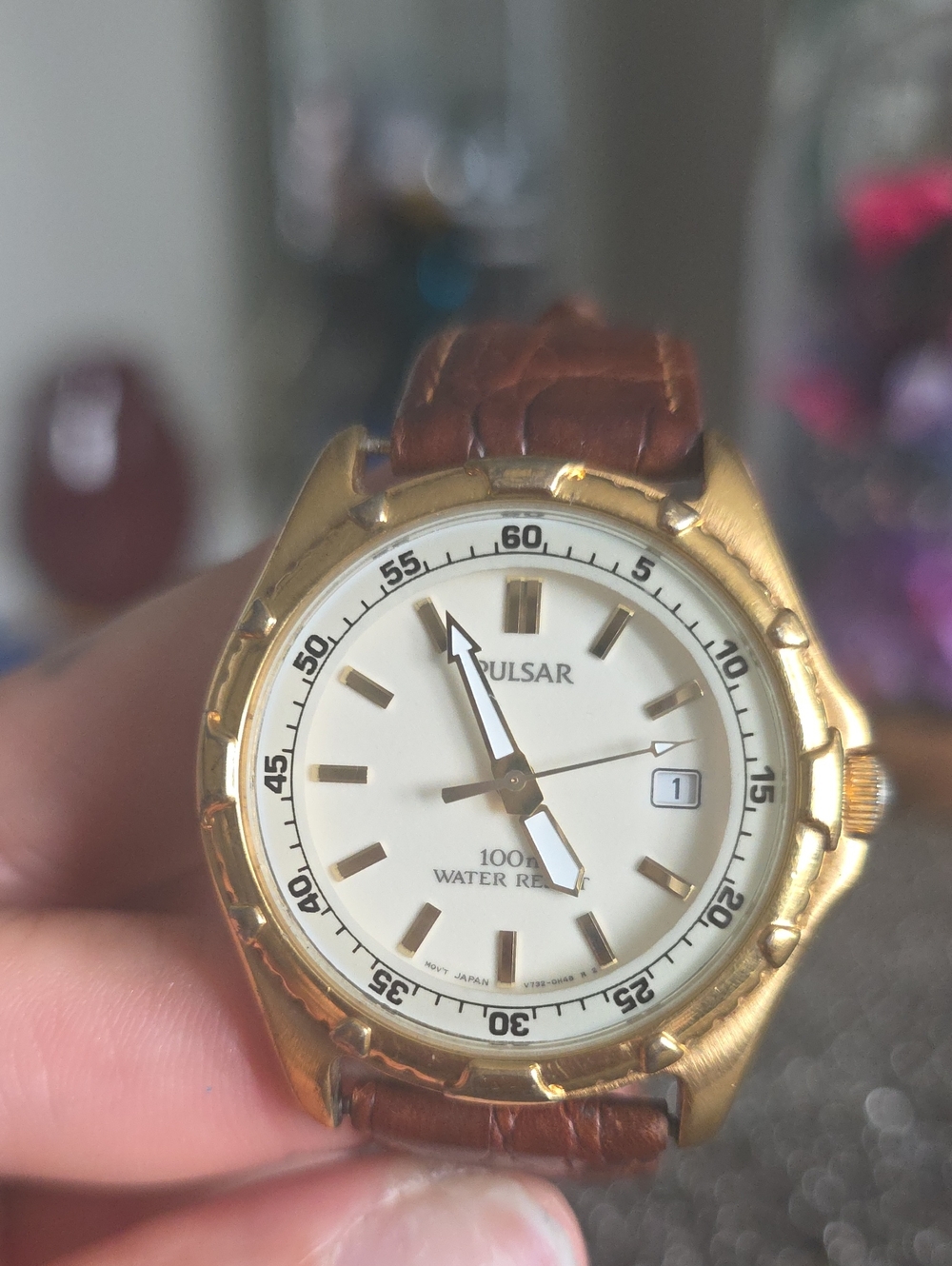 Pulsar Gold-Tone Men's Watch with White Dial and Brown Strap